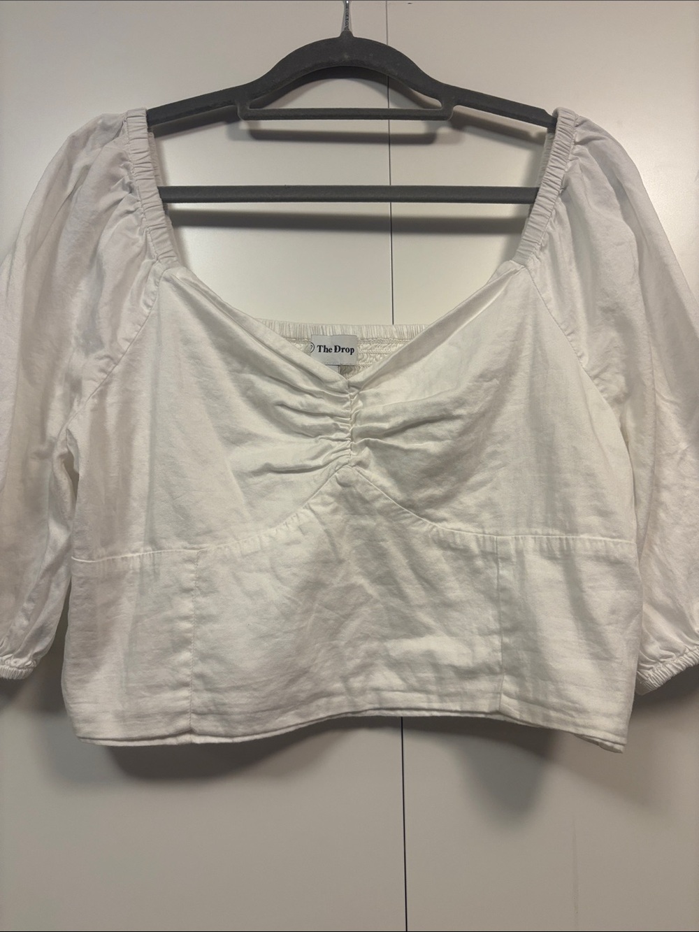 White Ruched Square-Neck Cotton Peasant Top M